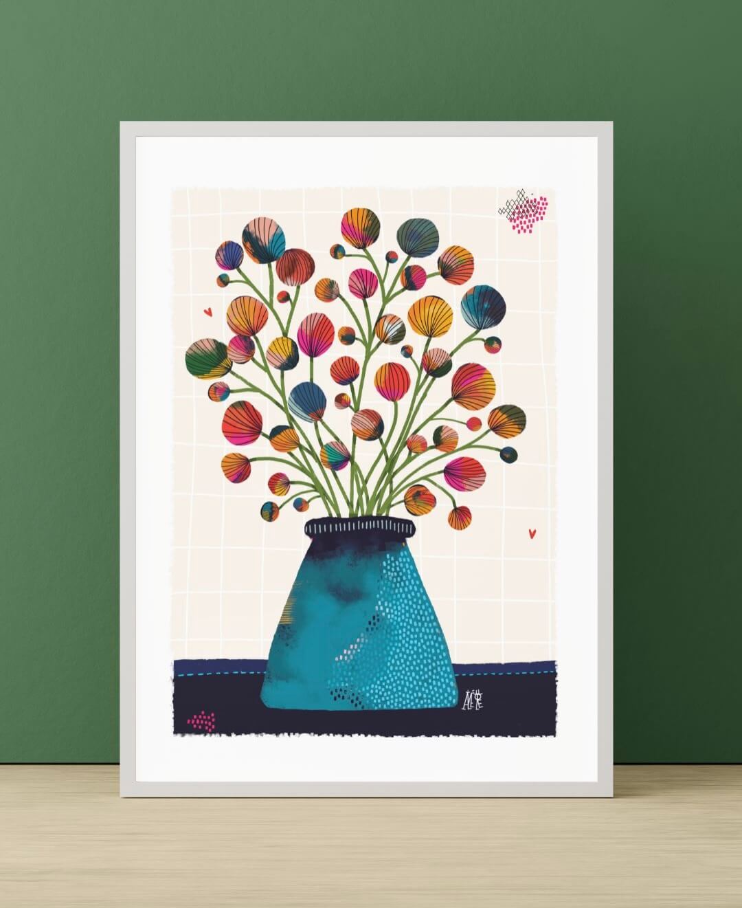 Affiche représentant un gros bouquet de fleurs en forme de boules multicolores. Dans un gros vase en forme de cône bleu.