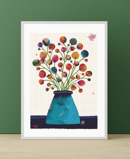 Affiche représentant un gros bouquet de fleurs en forme de boules multicolores. Dans un gros vase en forme de cône bleu.