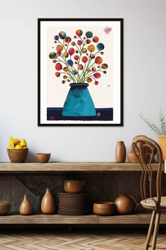 Affiche représentant un gros bouquet de fleurs en forme de boules multicolores. Dans un gros vase en forme de cône bleu.