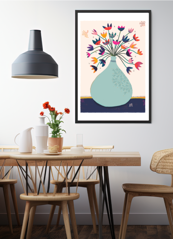 Affiche représentant un gros bouquet de fleurs colorées dans un vase en forme de poire de couleur bleu clair