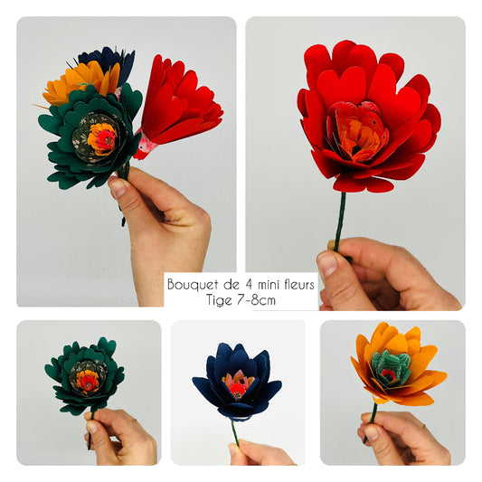 Bouquet de 4 mini fleurs en papier coloré et uniques