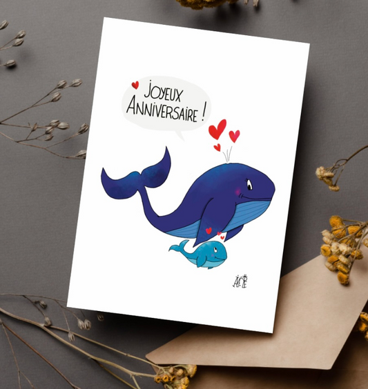 Carte postale avec un dessin original pour de la papeterie réalisé sur un tablette graphique dans mon atelier à Toulouse représentant deux baleines. cette carte est idéale pour l'anniversaire d'un amoureux de baleine ou d'un enfant.