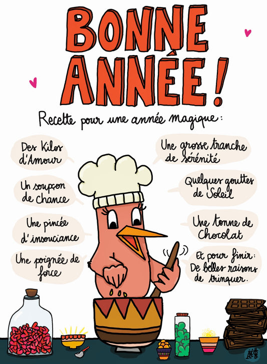 Carte postale représentant un oiseau qui cuisine pour la nouvelle année