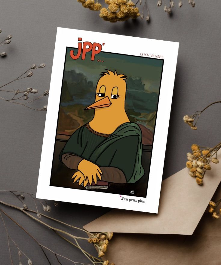 Carte postale humoristique représentant un oiseau déguisé en Mona Lisa, La Joconde, avec un JPP inscrit au-dessus. Idéale pour envoyer à un ami ou la famille. Ou pour décorer son intérieur