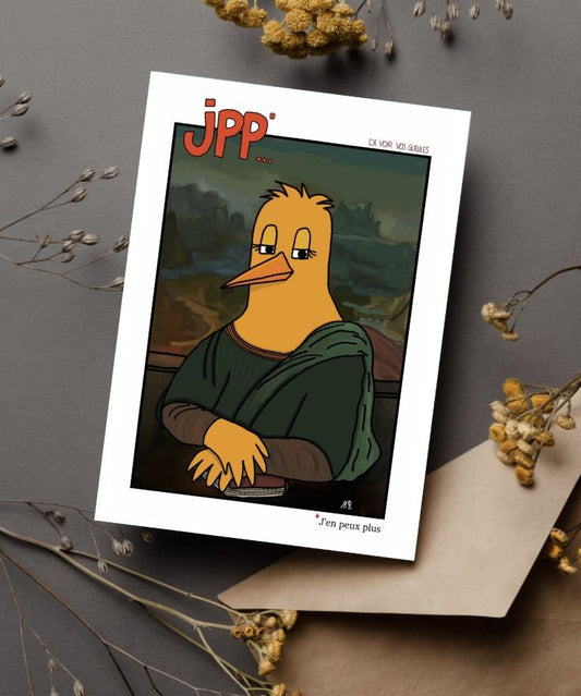 Carte postale humoristique représentant un oiseau déguisé en Mona Lisa, La Joconde, avec un JPP inscrit au-dessus. Idéale pour envoyer à un ami ou la famille. Ou pour décorer son intérieur