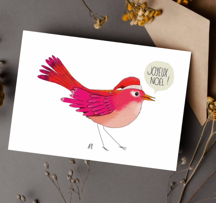 Carte postale représentant un oiseau rose avec un bonnet de noël sur la tête