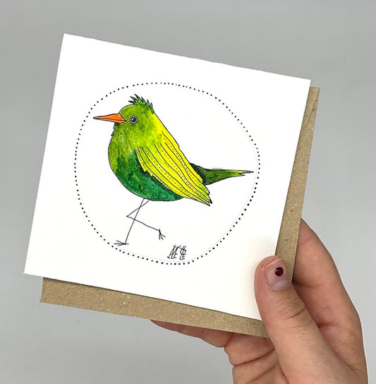 Carte double unique avec le dessin d'un oiseau vert. Grande carte. anniversaire, félicitations ou autre décoration