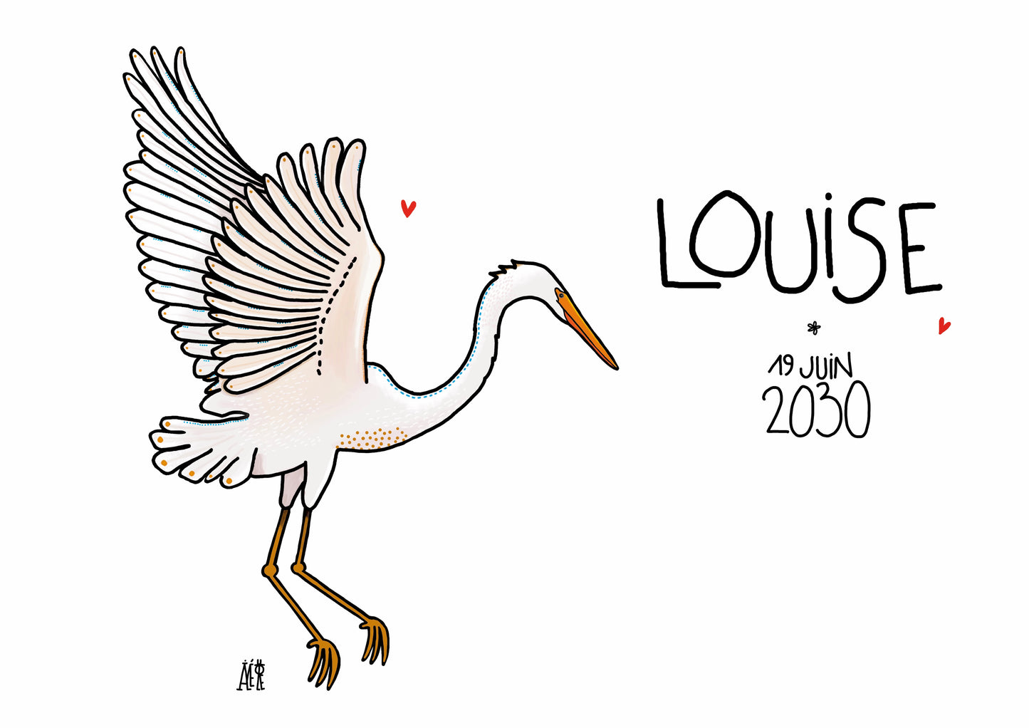 Dessin pour un faire-part de naissance. Une grue qui s'envole, dans les tons doux