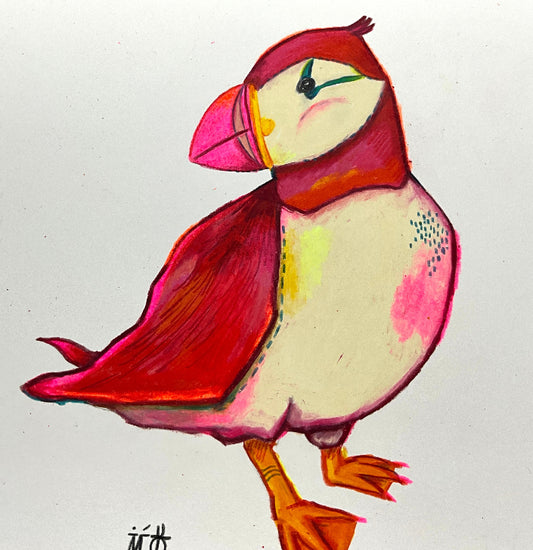 Macareux dessiné avec des crayons de couleurs, tons rouges, et fluo