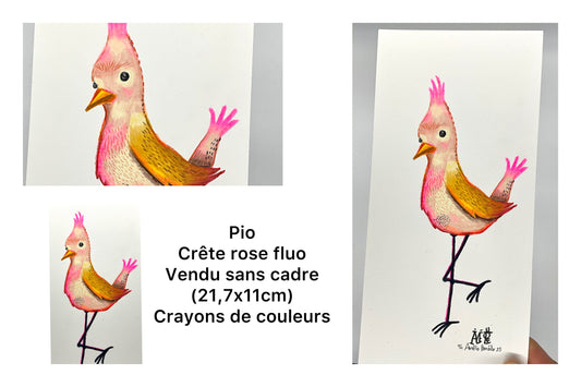 Oiseau dessiné avec des crayons de couleurs. dans les tons roses, crête rose fluo
