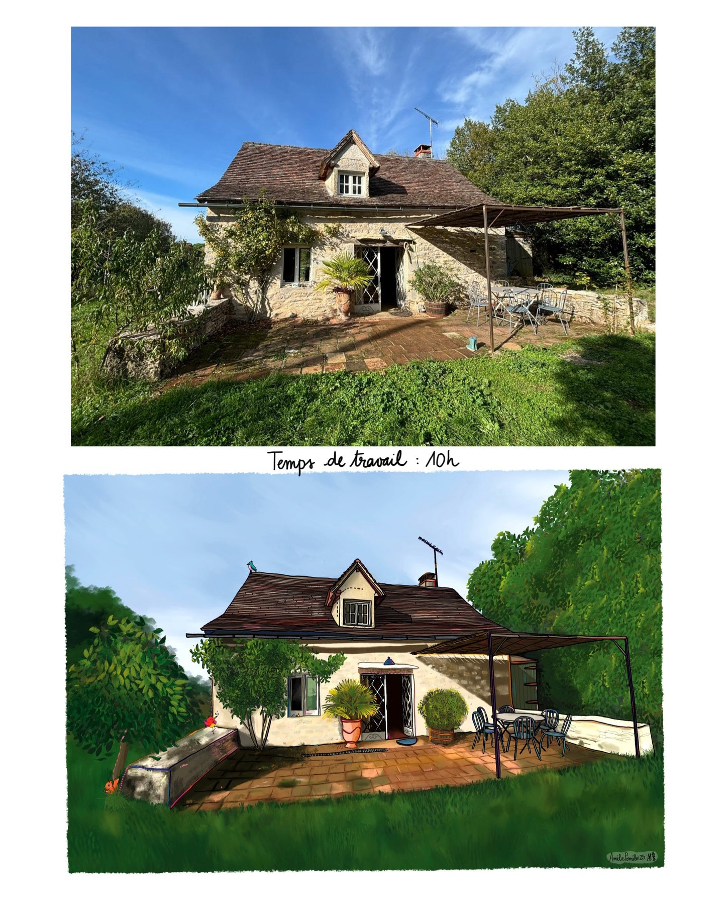 Illustration d'une maison de campagne, avec au-dessus la photo de la maison.