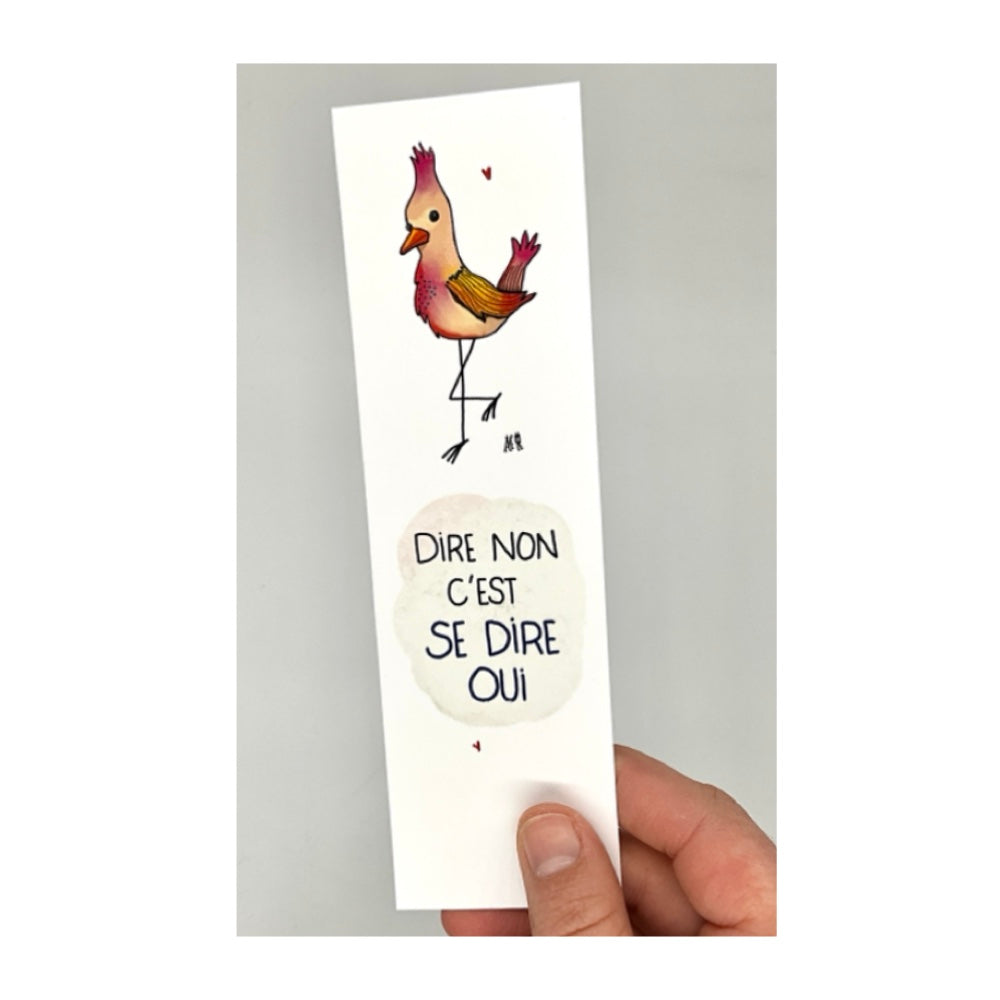 Marque page avec citation et un dessin d'oiseau multicolore. Idéal pour un cadeau ou pour un amoureux des livres