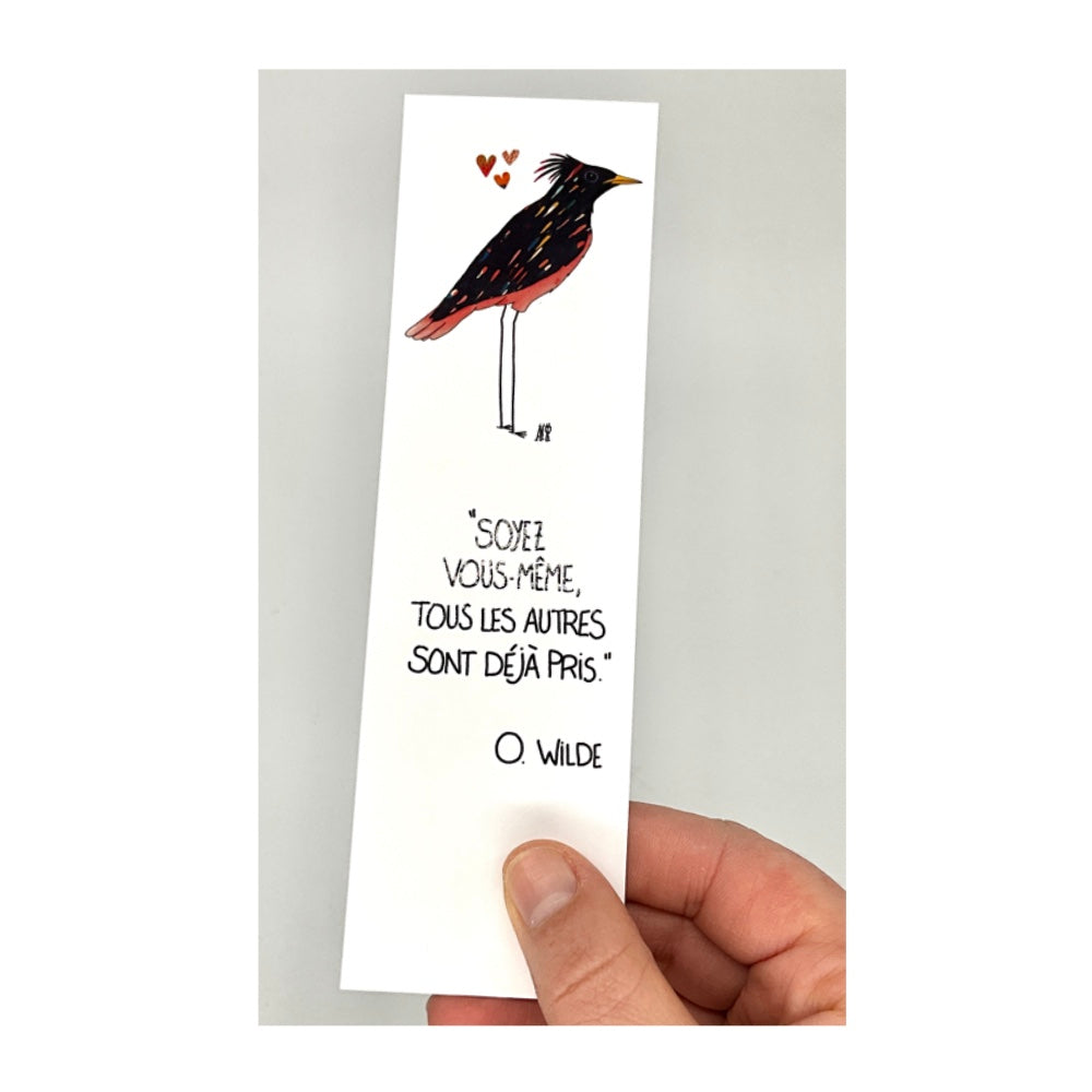 Marque page avec un dessin d'oiseau et une citation