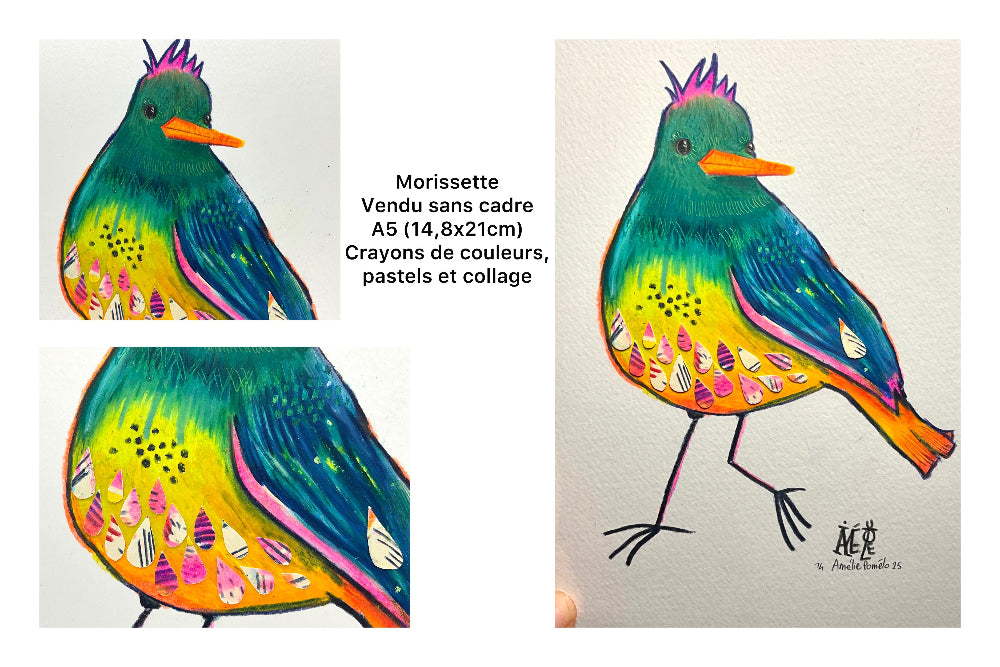 Oiseau inventé, dans les tons bleus verts, traces de fluo. Crayons de couleurs et pastel avec collages. pièce unique