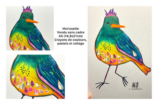 Oiseau inventé, dans les tons bleus verts, traces de fluo. Crayons de couleurs et pastel avec collages. pièce unique