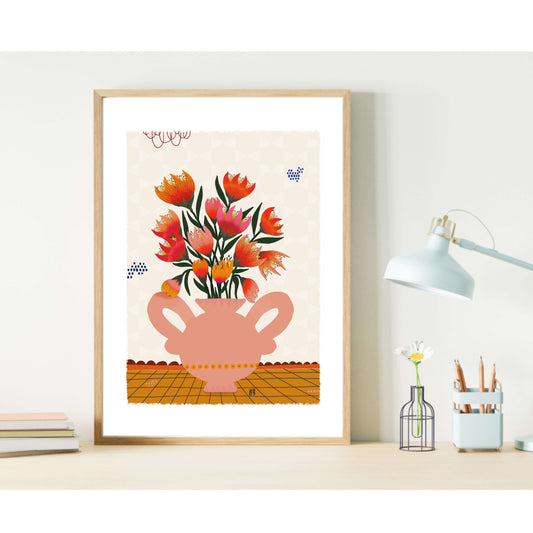 Affiche représentant un vase de forme ronde à deux anses. le vase est de couleur saumon. un bouquet de fleurs dans les tons rouges orangés.