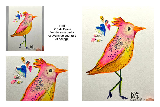 Dessin d'un oiseau inventé. Dans les tons roses et jaunes. fluo et collage. Crayons de couleurs. Pièce unique