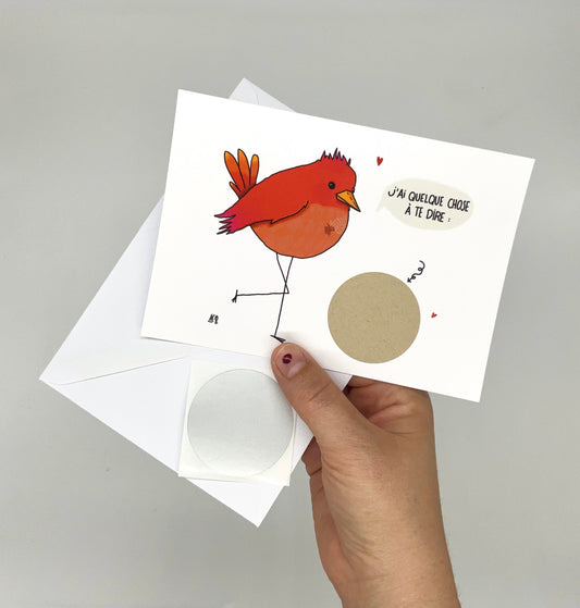 Carte à personnaliser : vous notez le mots important dans le cercle et y collez ensuite le sticker. Le destinataire n'aura plus qu'à gratter le rond pour découvrir le mot.