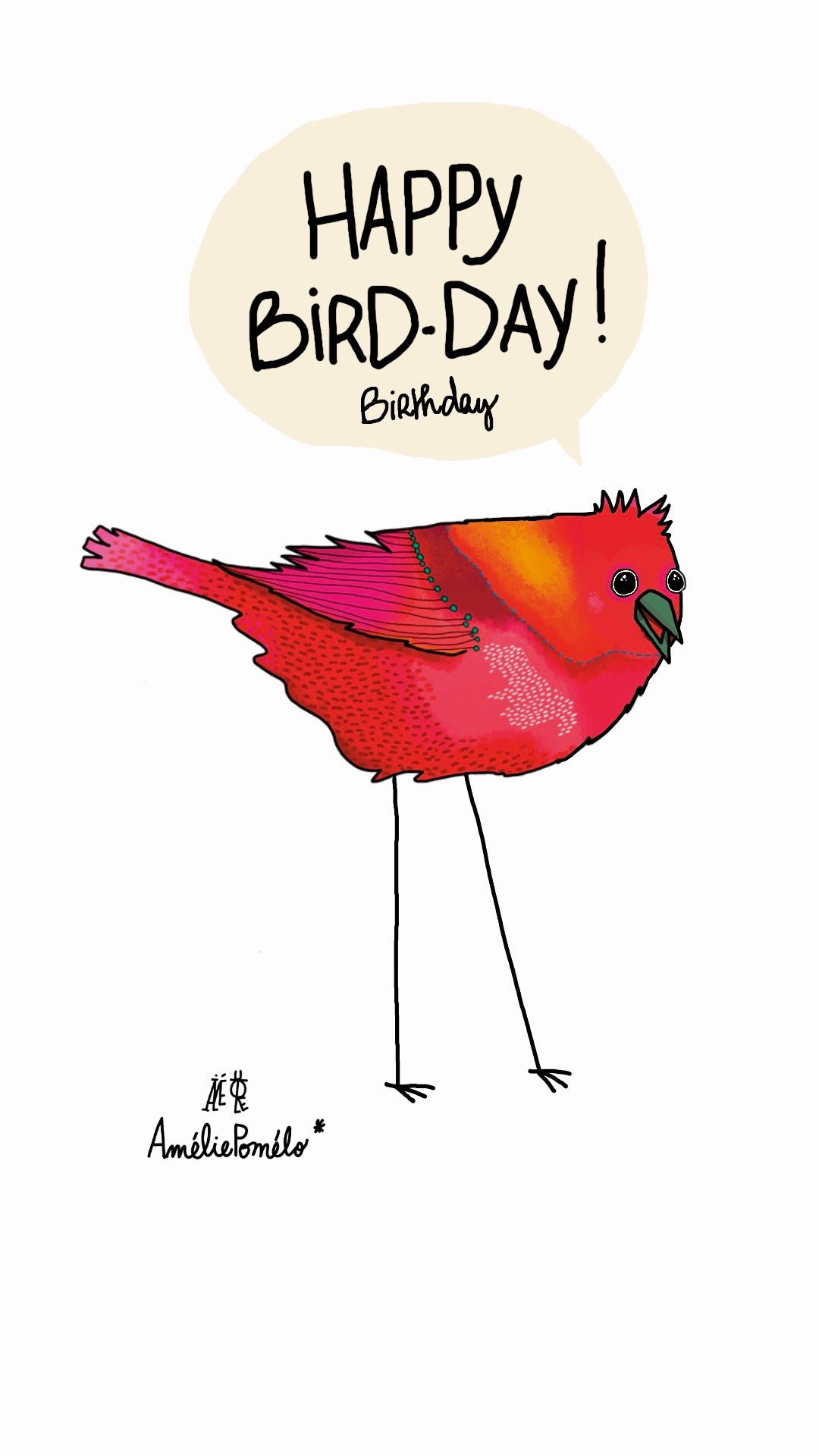 Carte d'anniversaire animée à envoyer par texto. Représentant un oiseau qui dit happy Bird da (jeu de mot)