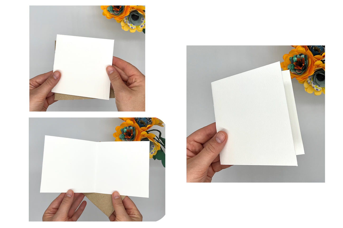 Photo représentant une carte double de format moyen er carré. Pour que le client puisse avoir une idée de la taille de la carte à personnaliser.