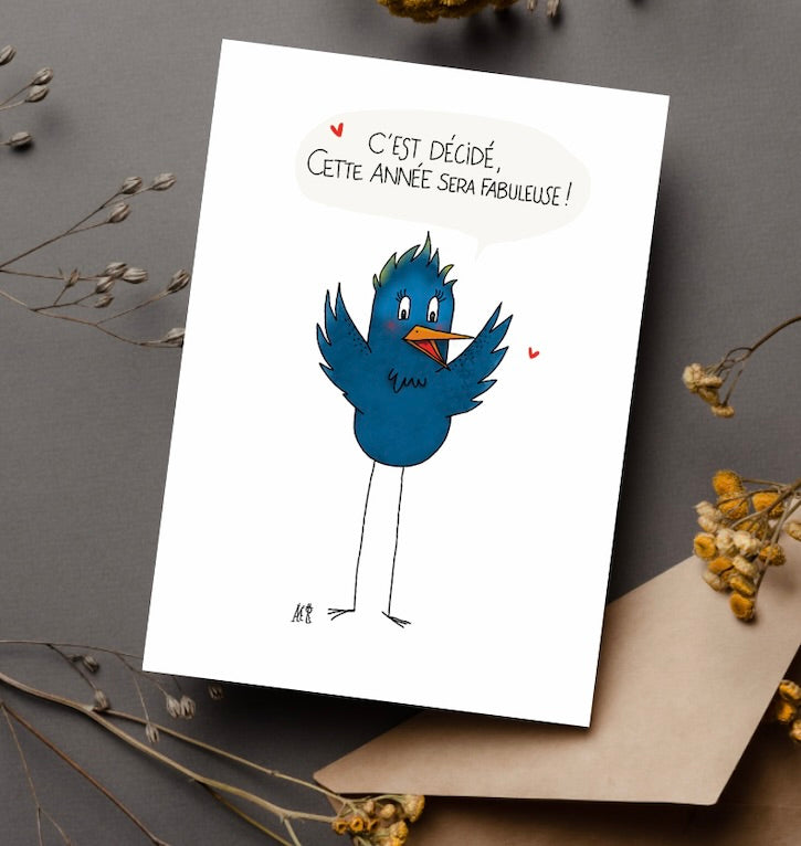 carte de voeux représentant un oiseau bleu les ailes en l'air