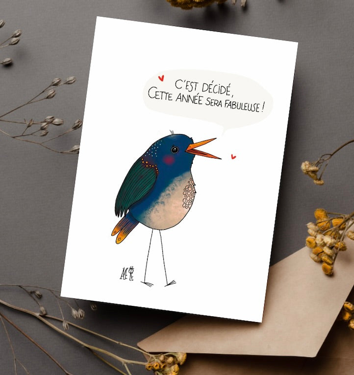 Carte de voeux avec un oiseau qui souhaite une belle année. Carte de créateur