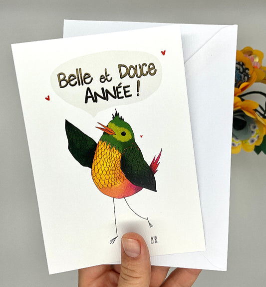 Carte de la nouvelle année représentant un oiseau vert au ventre jaune. annonçant en lettres d'or une belle et douce année