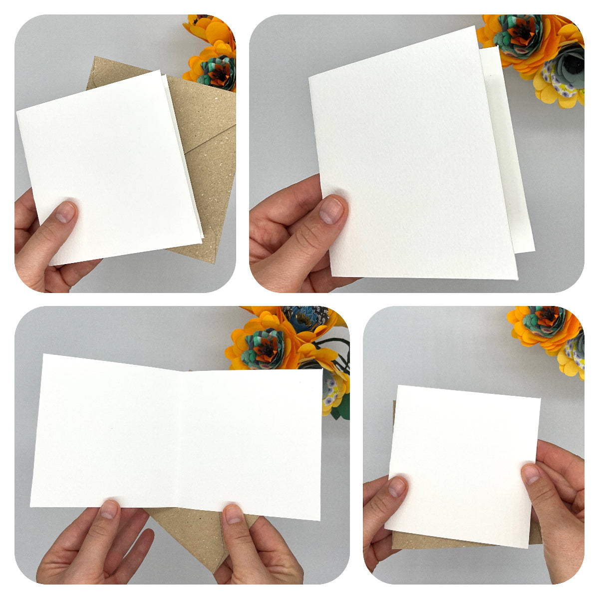 Photo représentant une carte double de format carré et moyen. Pour que le client puisse avoir une idée de la taille de la carte à personnaliser.
