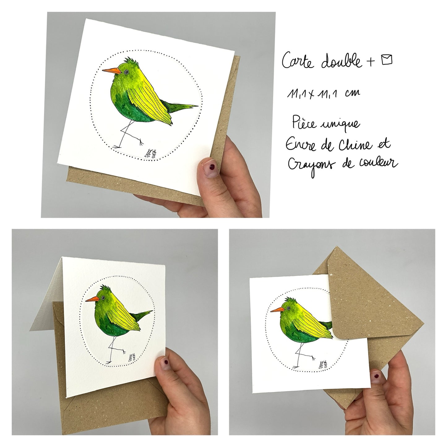 Carte double carrée. Dessin réalisé à la main sur du papier 300G avec de l'encre de Chine et des crayons de couleur. Le dessin représente un grand oiseau vert avec une aile qui est vert-jaune. La carte est founie avec son enveloppe recyclée.