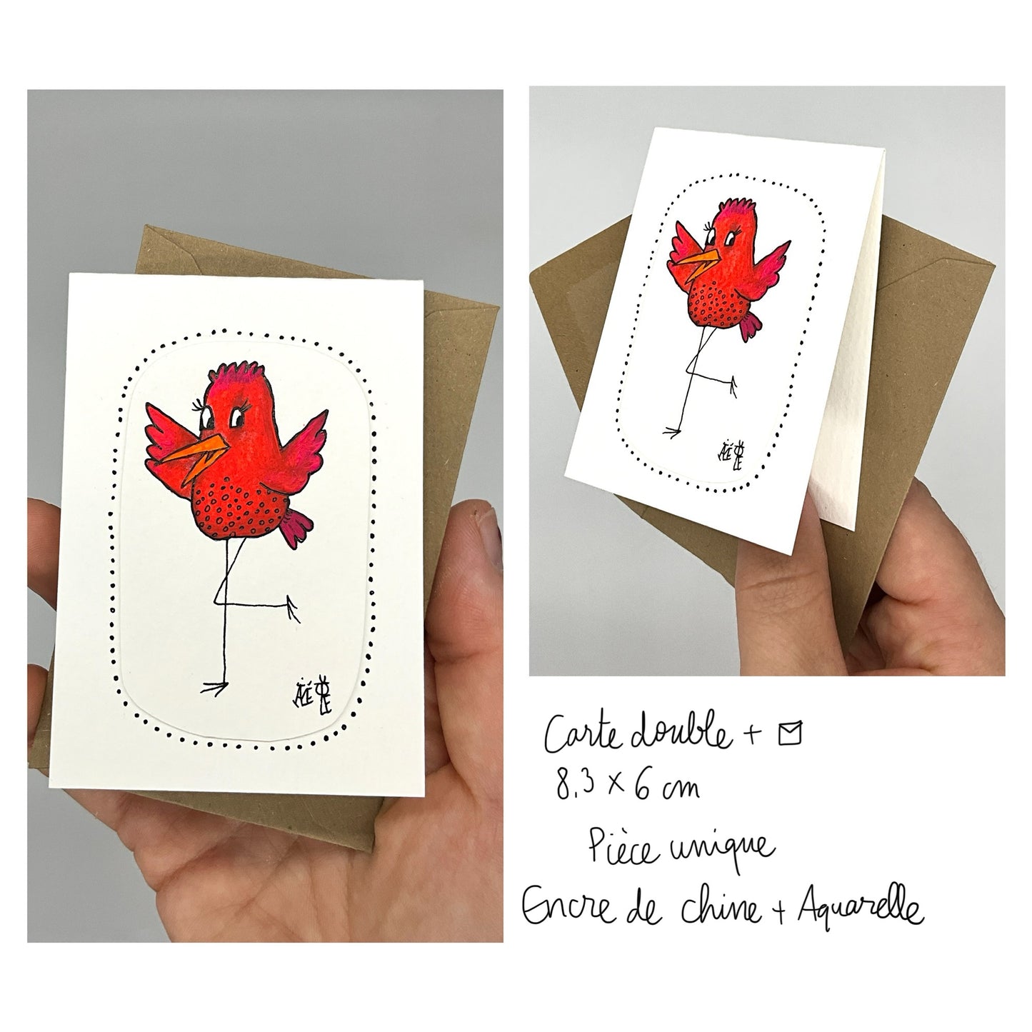 Petite carte double rectangulaire avec son enveloppe recyclée. Dessin réalisé à la main sur du papier 300G avec de l'encre de Chine et des crayons de couleur. Le dessin représente un oiseau rouge qui a les ailes levées.