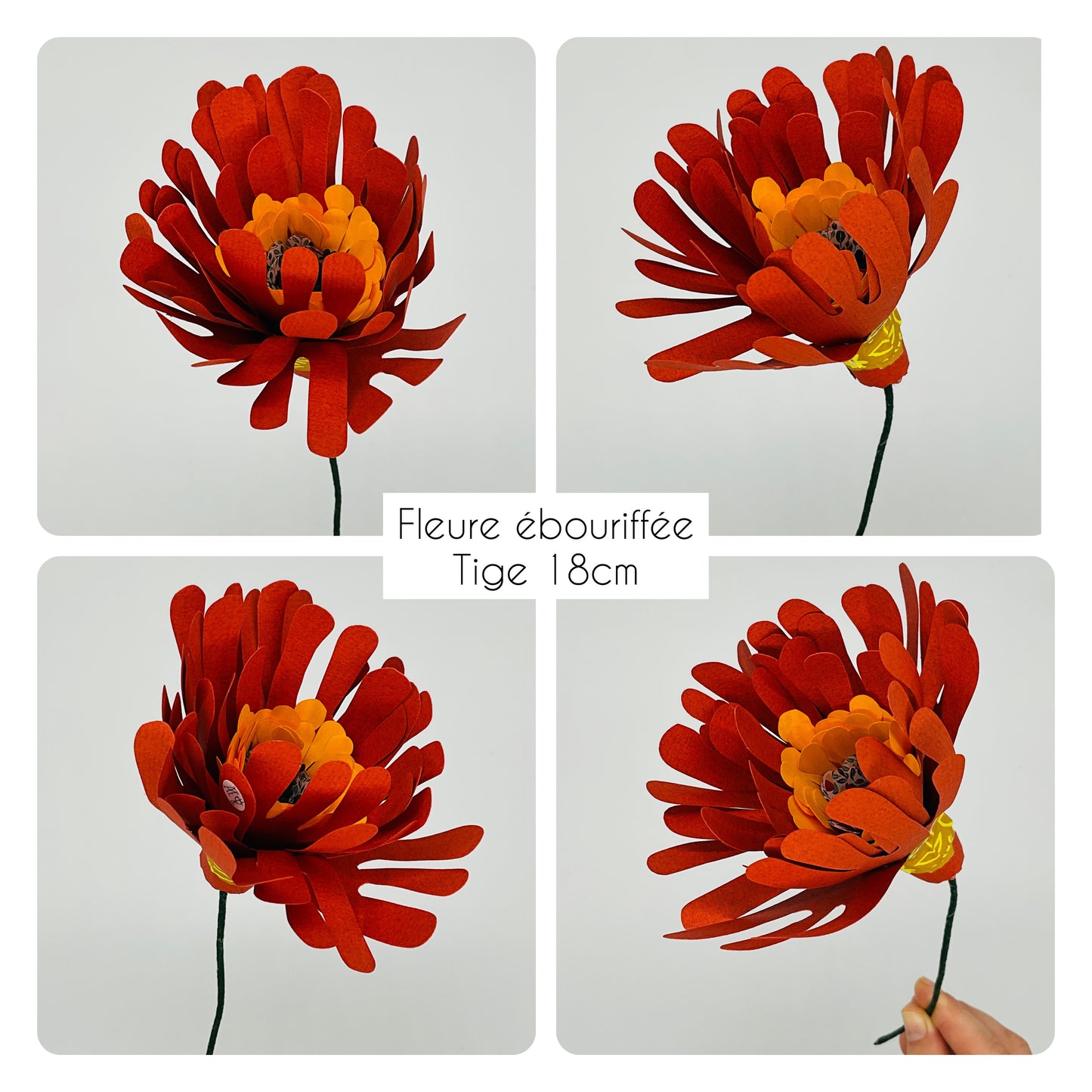 Fleur en papier découpé à la main. Couleurs orangées et jaunes. Pièce unique