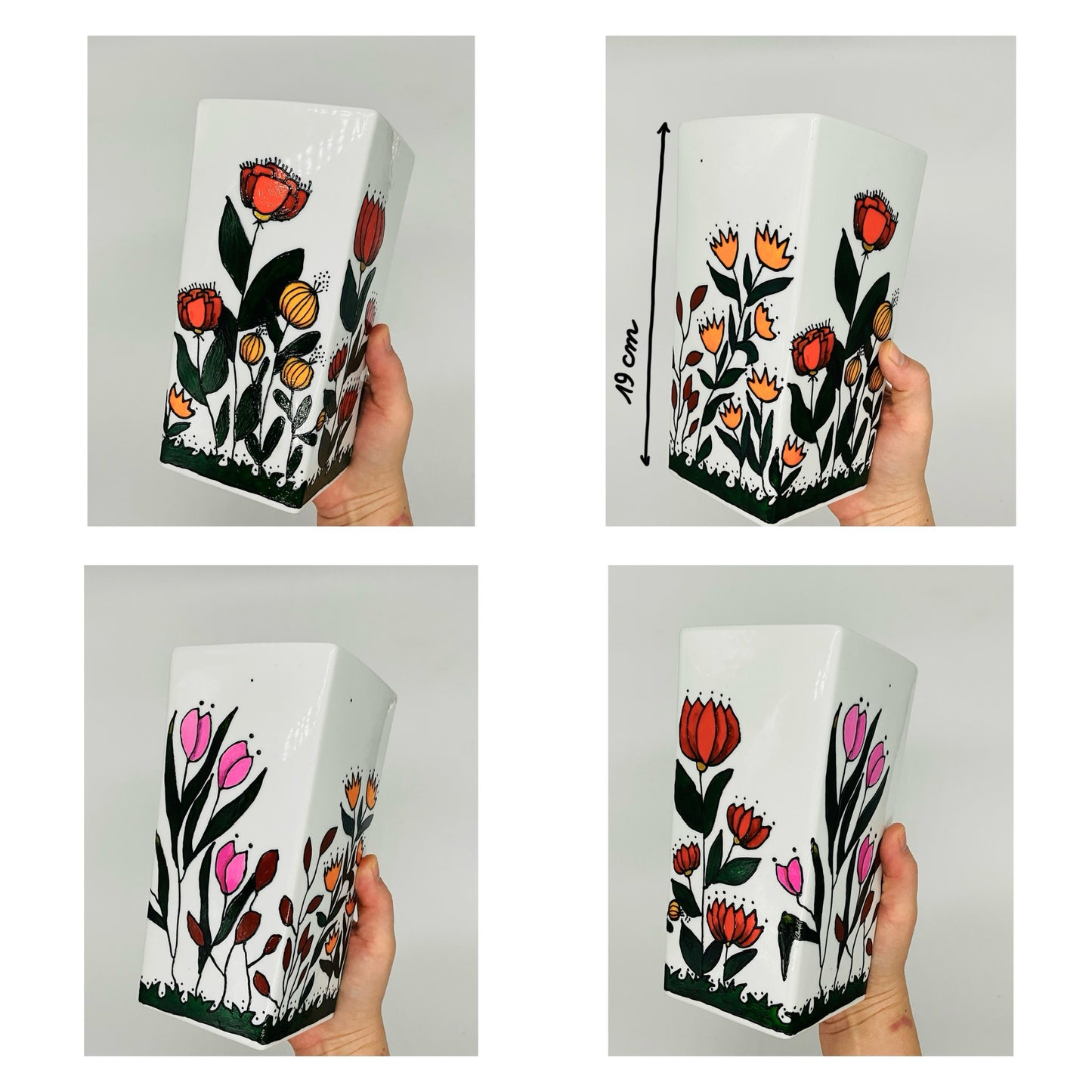 Grand vase carrée ne porcelaine peint à la main, de motifs floraux. Pièce unique