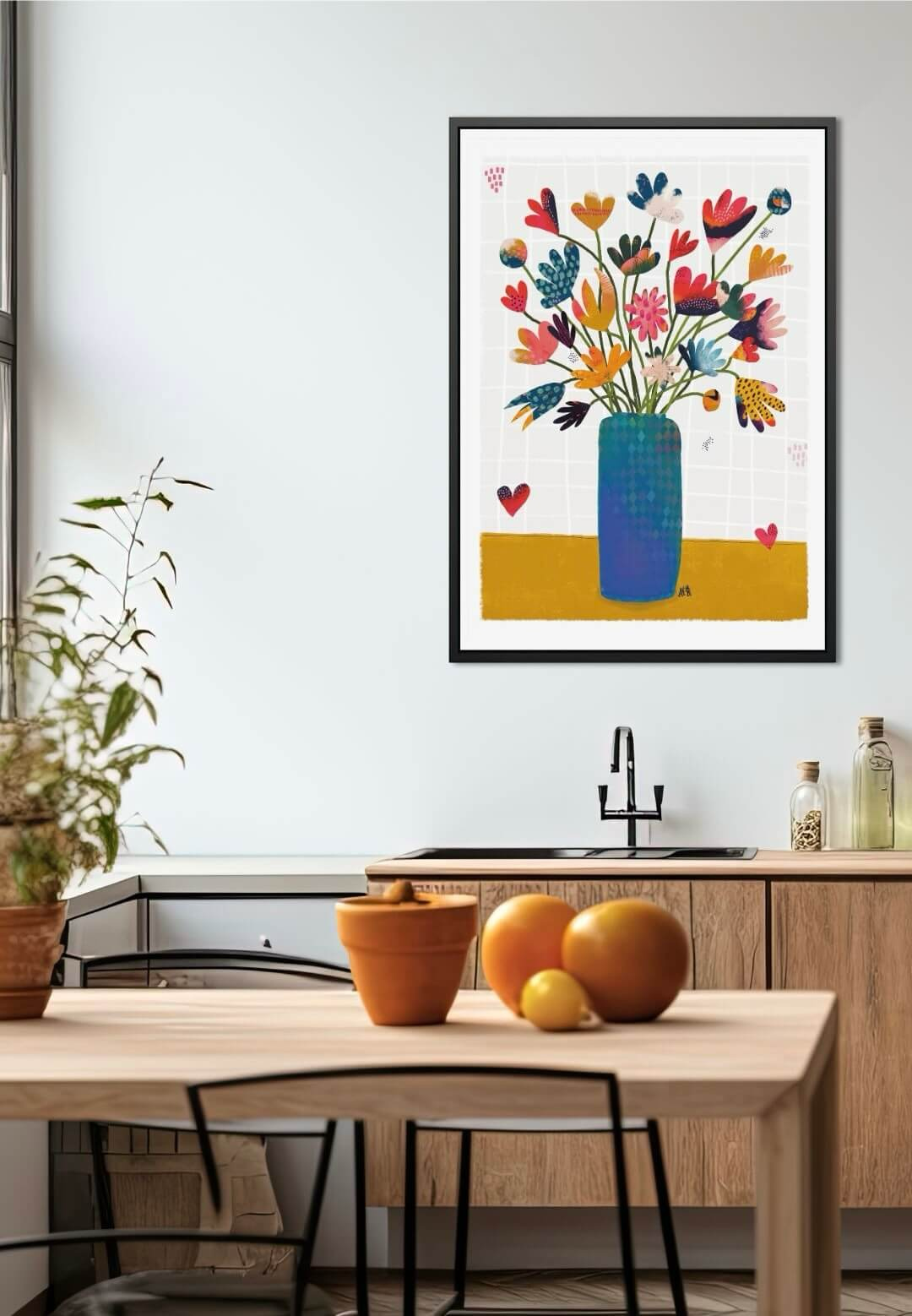 affiche représentant un grand bouquet de fleurs colorées dans un vase rectangulaire et long bleu.