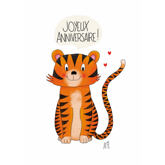 Carte postale d'anniversaire  représentant un petit tigre mignon. Idéal pour l'anniversaire d'un enfant