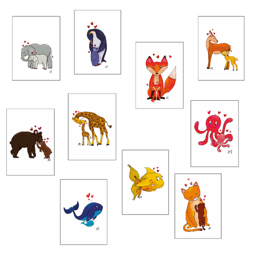 Dix illustrations représentant des animaux avec leurs petits. Un éléphant et son petit, un pingouin et son petit, un renard et son petit, une biche et son petit, un ours et son petit, une girafe et son petit, une pieuvre et son petit, une baleine et son petit, un poisson et son petit et enfin un chat et son petit