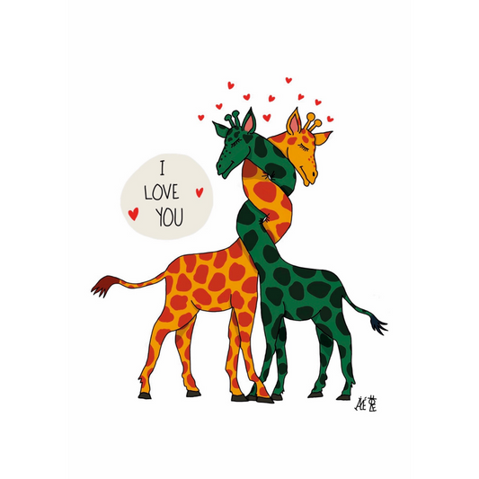 Deux girafes l'une jaune, l'autre verte, amoureuses et emmêlées au niveau du cou. Avec des petits coeurs au-dessus de leur tête. Une bulle avec l'inscription "I love you" est sur le côté.