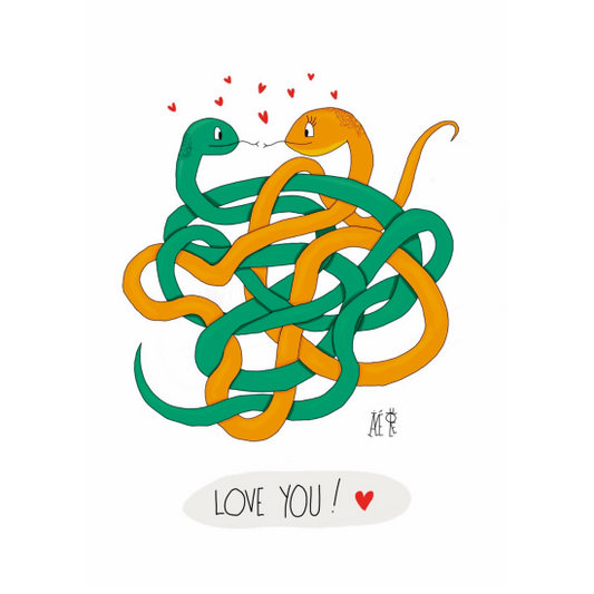 Deux serpents un jaune et un vert sont amoureux et leurs corps sont emmêlés. Des petits coeurs sont au dessus de leurs têtes. Une bulle "I love you" est inscrite sous les serpents