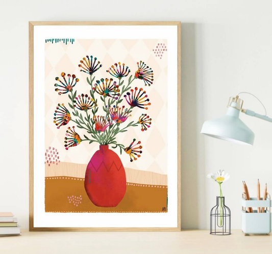 Bouquet de fleurs imaginaires dans un vase rouge rose. Le fond a des couleurs douces