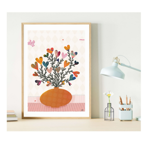 Affiche format A4 avec le design d'un gros bouquet de fleurs en forme de coeur. Idéale pour décorer un mur. Idée cadeau