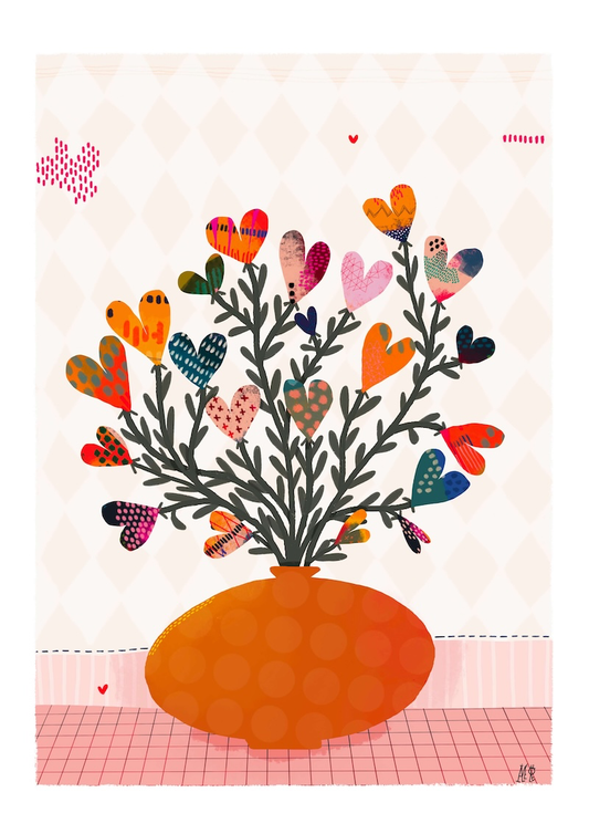 Illustration d'un bouquet de fleur dans un vase de forme ovale et de vouleur brun orangé. Les fleurs sont en forme de coeur multicolor. Le est posé sur une surface rose saumon quadrillé.