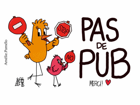 Petit sticker rectangulaire représentant deux oiseaux avec des panneaux stop dans les mains. PAS de PUB