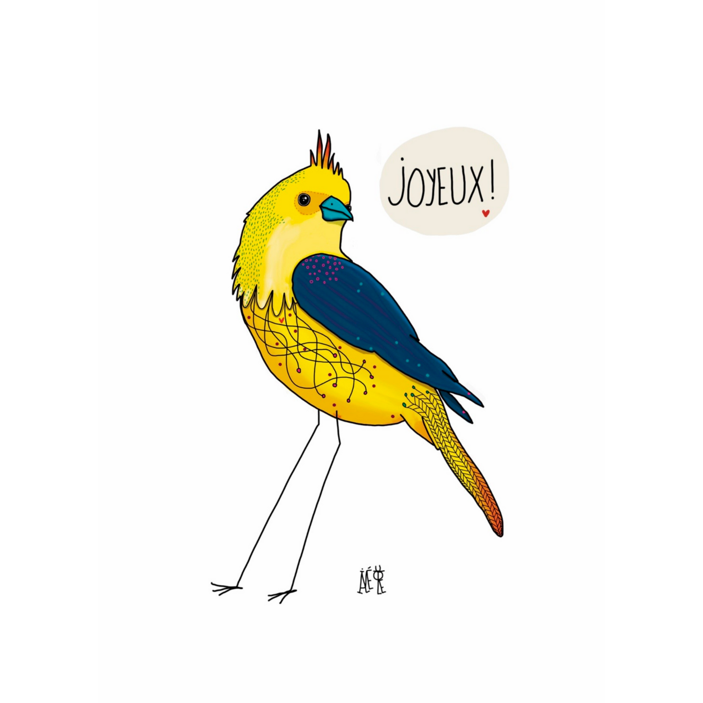 Carte anniversaire représentant un oiseau jaune avec les ailes bleues. idéale pour un adulte