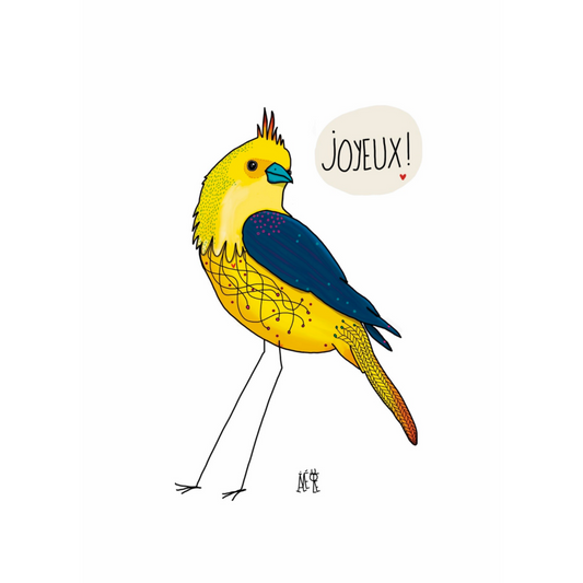 Carte anniversaire représentant un oiseau jaune avec les ailes bleues.  idéale pour un adulte