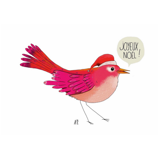 carte postale représentant un oiseau rose coiffé d'un bonnet du père noël. Il dit : "joyeux noël"