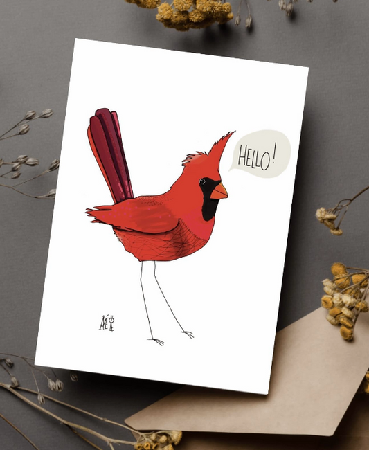 Carte postale de format A6 (Classique) Un cardinal rouge avec une bulle au-dessus : "Hello!"