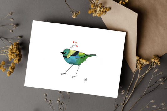carte postale représentant un oiseau, un calliste à tête verte. Idéale pour un adulte, anniversaire ou autre