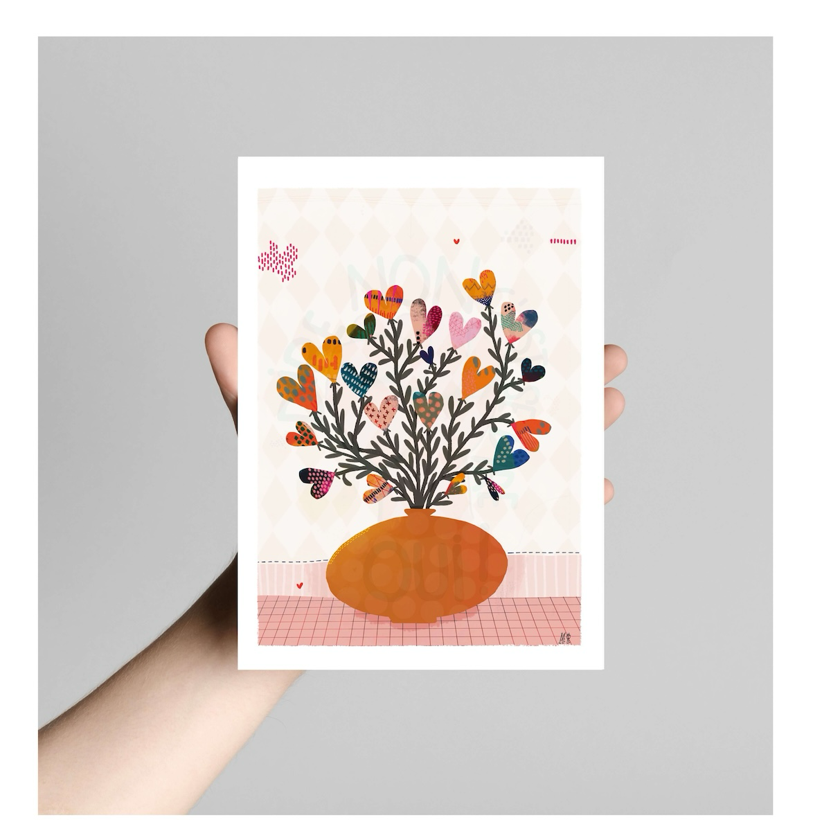 Affiche format A5 représentant un bouquet de fleurs en forme de coeur multocolores. Idéale pour décorer un bureau ou pour faire un cadeau à un proche