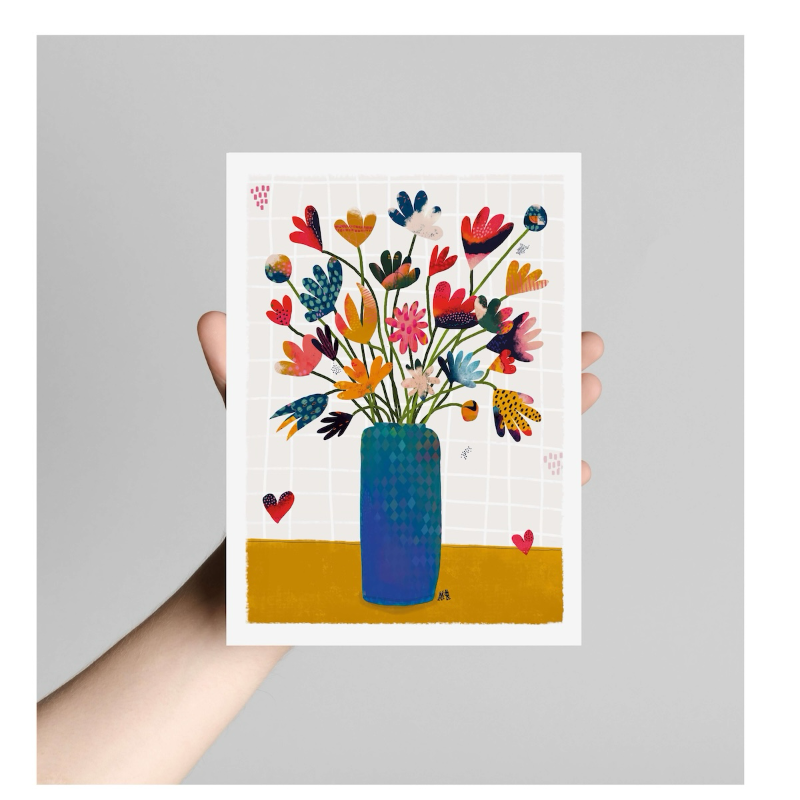 Affiche fleurie : Bouquet au long vase bleu