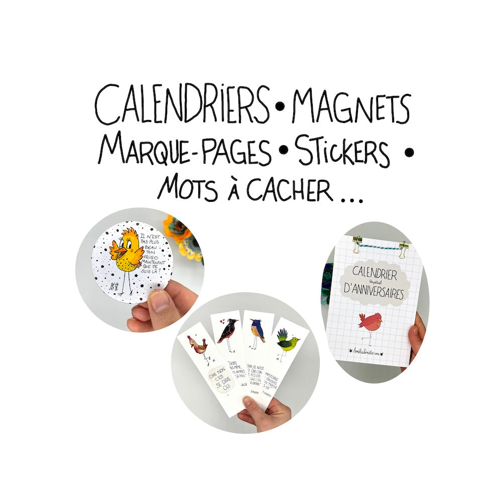Calendriers,magnets, marque-pages, stickers et mots à cacher...