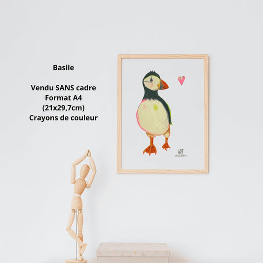 Macareux dessiné avec des crayons de couleurs. Coeur fluo collé à côté. Pièce unique
